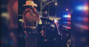 A sheriff's deputy talks on the phone while a child sits in a patrol car.