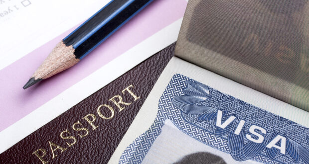 Passport and US visa background with immigration application form.