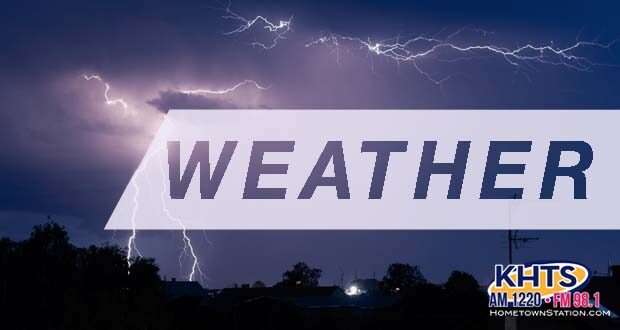weather storm lightning thunder -- Lightning striking a the ground under a stormy evening sky. Overlaid "weather " written in purple capital letters with a KHTS Logo