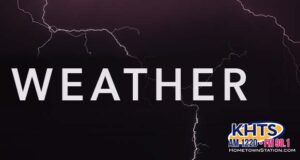 Lightning streaking over a black background. Overlaid "weather " written in white capital letters with a KHTS Logo-- weather storm lightning thunder