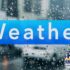 Water droplets on a windshield. Overlaid "weather " written in white capital letters with a KHTS Logo -- weather rain