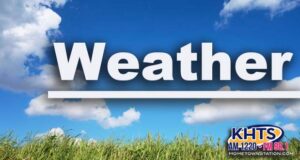 A clear blue sky with scattered clouds over a grassy field. Overlaid "weather " written in white letters with a KHTS Logo -- weather clear sunny