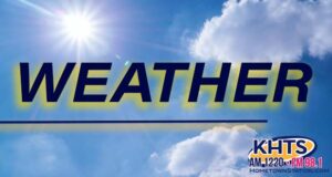 The sun in the blue sky with scattered clouds. Overlaid "weather" written in black and yellow captial letters with a KHTS Logo -- weather sunny