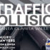 Two-car collision at an intersection. "Traffic Collision" overlaid in white capital letters with the KHTS and OPO logo -- crash traffic collision