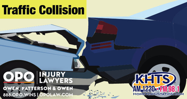 Cartoon of a two-car rear-end crash. "Traffic Collision" overlaid in black and yellow with the KHTS and OPO logo -- traffic collision crash
