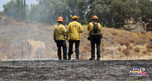 three firemen facing away from the viewer dramatically observing a burned field near Lyons/5 Freeway