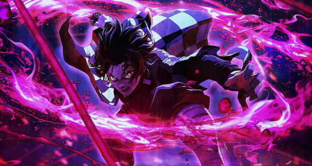 Tanjiro Kamado with glowing pink flames surrounding him