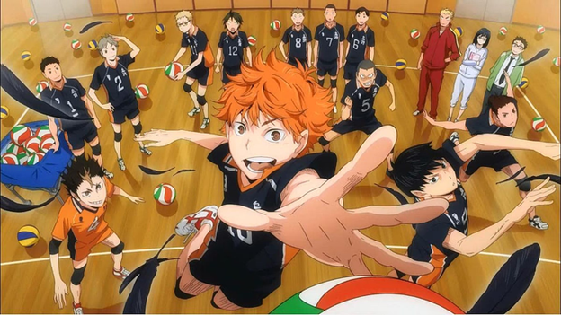 Haikyuu!! characters playing volleyball.