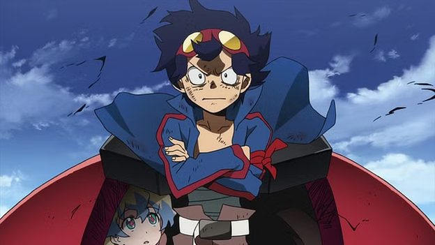 Simon stands with his arms crossed while Nia Teppelin stares at him from behind.]