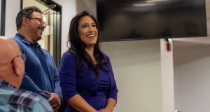 Senator Suzette listens to Mayor Bill Miranda talk about their accomplishments together.