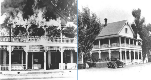 (Left) The Acton Hotel burning on October 19, 1945. (Right) The Acton Hotel before the fire. (SCV History)