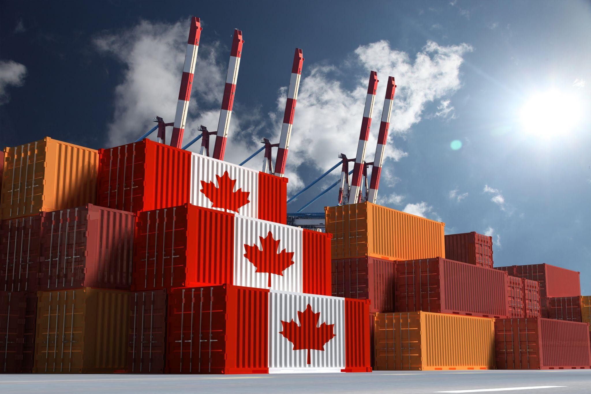 "Canadian goods with containers marked by the maple leaf under a bright sky at a busy port"