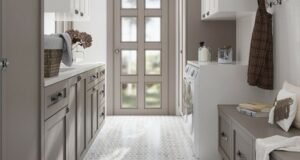 Apollo Tile's Warm Beige Thassos Floor tile in laundry room