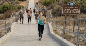 Santa Clarita resident comfortably running up the Central Park stairs after overcoming recurring back pain with Dr. Thomas Polucki