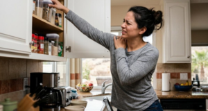 Santa Clarita woman reaching overhead into a kitchen cabinet while holding her shoulder in discomfort.