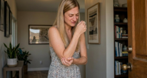 Santa Clarita woman with elbow pain from opening door