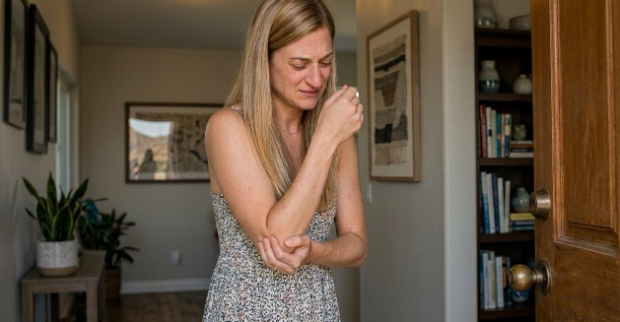 Santa Clarita woman with elbow pain from opening door